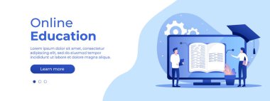 Çevrimiçi eğitim kavramı. Web sayfası için vektör düzeni. İnsanların uzaktan okuduğu düz bir tasvir. Öğrenciler evde online öğreniyor. Vektör illüstrasyonu EPS 10