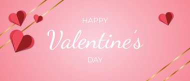 Sevgililer günün kutlu olsun. Pembe ve altın kurdeleli bayrak kağıttan kalplerle 