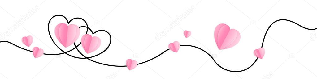 Line heart shape border with realistic paper heart on white background for valentines day. Valentines Day greeting card. Valentine's day background. Vector illustration EPS 10