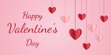 Sevgililer Günü posteri pembe kağıt kalpler ve bulutlar. Kağıt 3D tarzı. Tatil kartı, tasarımınız için vektör illüstrasyonu. Vektör EPS 10