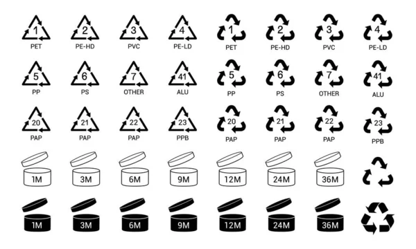 Zestaw Ikon Pakowania Recyklingu Izolowanym Tle Zestaw Ikon Recyklingu Czarne — Wektor stockowy