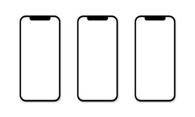 Şeffaf ekranlı gerçekçi model akıllı telefon seti. Akıllı telefon model koleksiyonu. Ön tarafta telefon modeli var. Gölgeli cep telefonu. Gerçekçi, düz ve çizgi tarzı. Vektör EPS 10