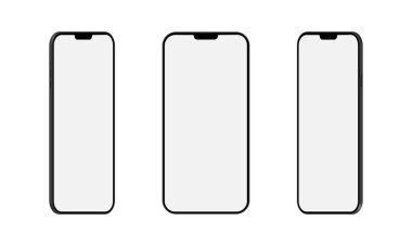 Beyaz arkaplanda akıllı telefonların 3 boyutlu görüntülemesi. Akıllı telefon model koleksiyonu. Beyaz arka planda izole edilmiş akıllı telefonlar ticari reklamlar için kullanılabilir