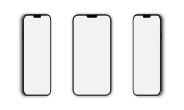 Beyaz arka planda beyaz ekran akıllı telefonları 3D görüntüleme. Gerçekçi gölgesi olan akıllı telefon modeli koleksiyonu. Beyaz arka planda izole edilmiş ticari reklamlar için akıllı telefon ekranı kullanılabilir
