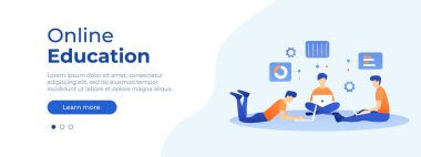 Çevrimiçi eğitim kavramı. Web sayfası için vektör düzeni. İnsanların uzaktan okuduğu düz bir tasvir. Öğrenciler evde online öğreniyor. Vektör illüstrasyonu EPS 10