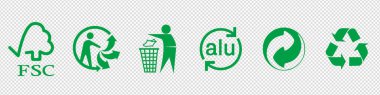 Green recycling icons vector set. Packaging ecology symbols, product label signs. Editorial green standard certification marks on transparent background