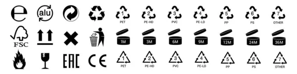 Packaging Icons Recycling Symbols Standard Signs Certification Mark Set Triman — Stockvektor