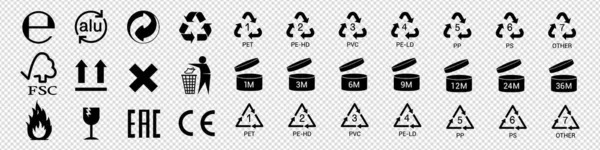 Icone Del Packaging Simboli Riciclaggio Insegne Standard Set Marchi Certificazione — Vettoriale Stock