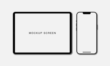 Gerçekçi maket tablet ve boş ekranlı akıllı telefon. Telefon ve tablet ön tarafta gölgeli. Gerçekçi bir tarz. Vektör EPS 10