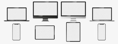 İzole edilmiş bir arka planda Apple aygıtlarının gerçekçi modelleri. Telefon, tablet, dizüstü bilgisayar vektör seti. Boş ekran maketi, gümüş tasarım. Vektör EPS 10