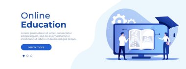 Çevrimiçi eğitim kavramı. Web sayfası için vektör düzeni. İnsanların uzaktan okuduğu düz bir tasvir. Öğrenciler çevrimiçi öğreniyor. Vektör illüstrasyonu EPS 10