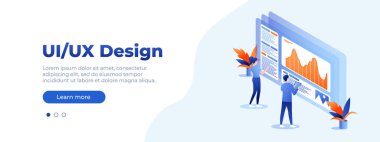 UI / UX tasarım konsepti. Sancak vektörü izometrik illüstrasyon, web siteniz için ui konsepti. İnsanlar bilgisayar monitörüyle etkileşime giriyor. Vektör illüstrasyonu EPS 10