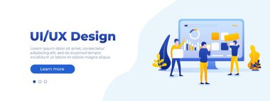 UI / UX tasarım konsepti. Sancak vektörü izometrik illüstrasyon, web siteniz için ui konsepti. İnsanlar bilgisayar monitörüyle etkileşime giriyor. Vektör illüstrasyonu EPS 10