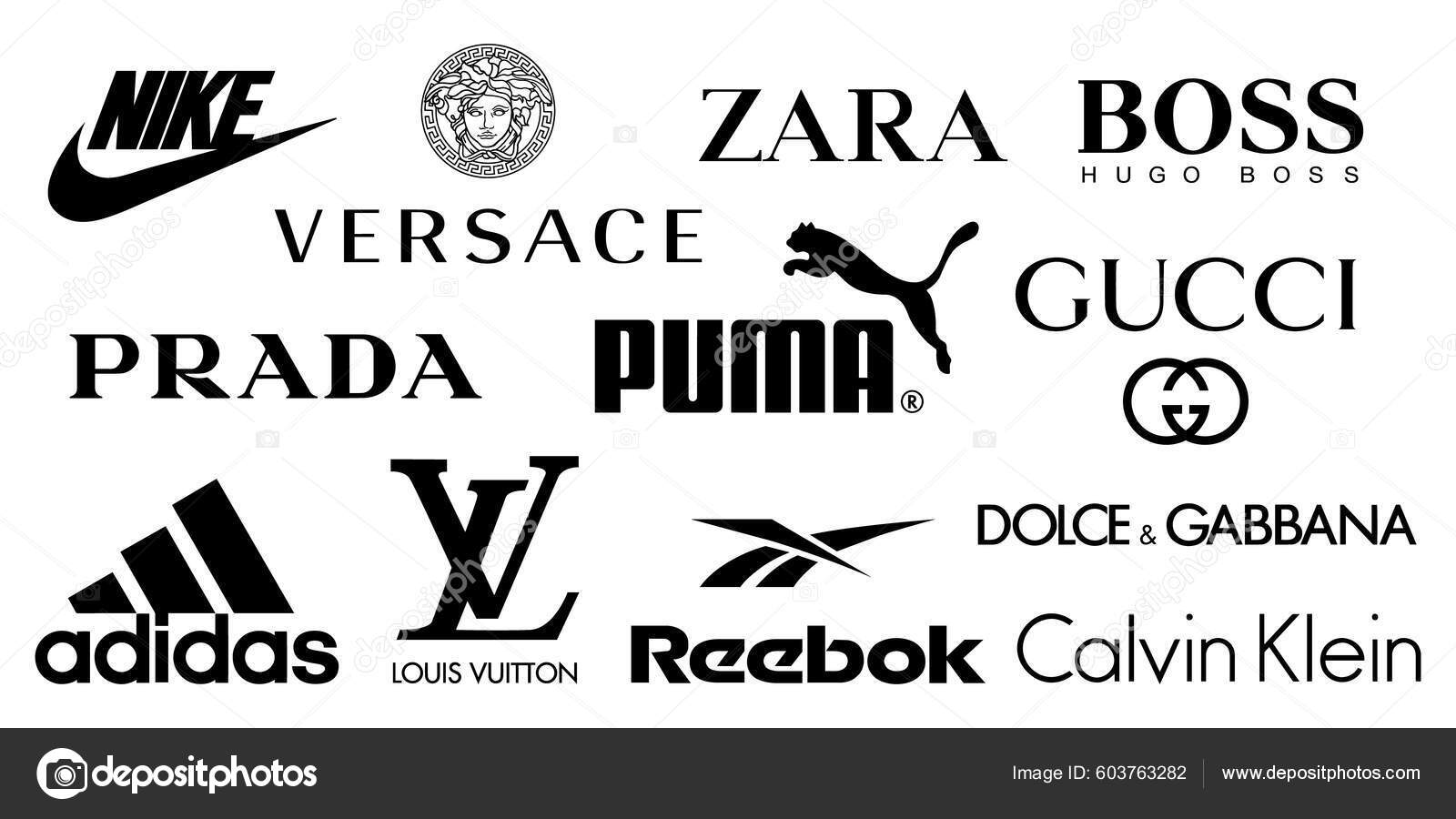 Luxury clothing brands. Valentino, Gucci, Versace, Guess, Giorgio Armani,  Christian Dior, Louis Vuitton, Prada, Zara, Chanel, Ralph Lauren, Calvin  Klein, Givenchy, Lacoste, Fendi. Editorial Stock Vector