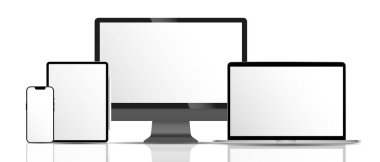 İzole edilmiş bir arka planda Apple aygıtlarının gerçekçi modelleri. Telefon, tablet, dizüstü bilgisayar vektör seti. Boş ekran maketi, gümüş tasarım. Vektör EPS 10