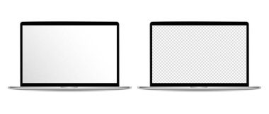 Realistic Apple laptop mockups on isolated background. Vector set of laptop with blank and transparent screen, silver design. Vector EPS 10