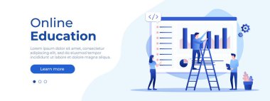 Çevrimiçi eğitim kavramı. Web sayfası için vektör düzeni. İnsanların uzaktan okuduğu düz bir tasvir. Öğrenciler evde online öğreniyor. Vektör illüstrasyonu EPS 10