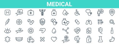 Tıbbın sağlık simgeleri iskele altındadır. İlaç ve sağlık ikonları hazır. Tıbbi semboller koleksiyonu. Vektör illüstrasyonu EPS 10