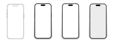 Şeffaf ekranlı gerçekçi model akıllı telefon seti. Akıllı telefon model koleksiyonu. Ön tarafta telefon modeli var. Gölgeli cep telefonu. Gerçekçi, düz ve çizgi tarzı. Vektör EPS 10