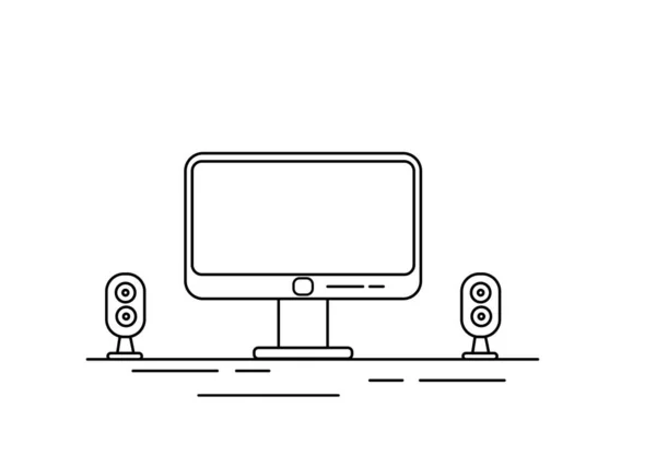 Computer Desktop Ufficio Flat Line Art — Vettoriale Stock
