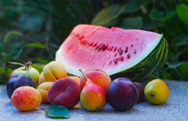                     Açık doğada çeşitli meyveler ve bir dilim karpuz.              