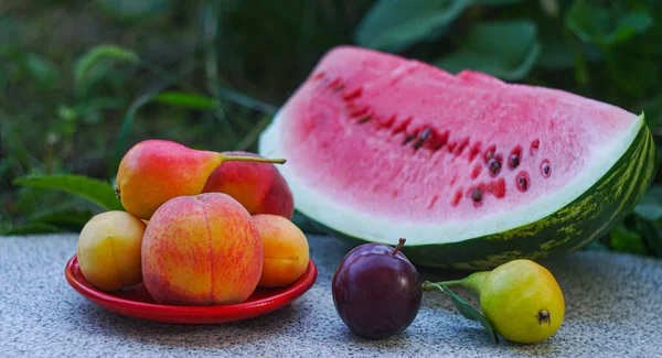 Verschiedene Früchte Und Eine Scheibe Wassermelone Der Freien Natur — Stockfoto