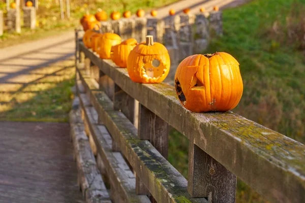 Orange halloween pumpkins on the wooden bridge