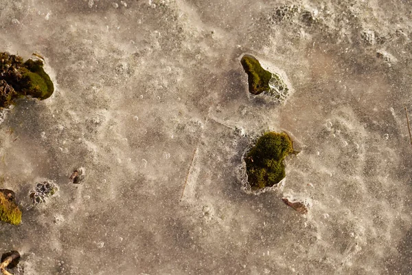 A superfície gelada de uma poça congelada como pano de fundo natural. — Fotografia de Stock