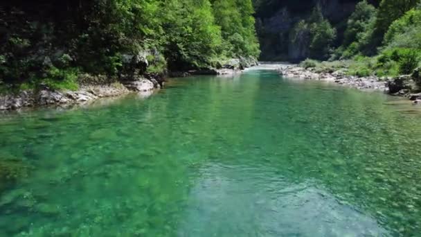 峡谷中一条清澈的山河在峡谷悬崖峭壁上方反射出绿油油的水幕 在水面上被低空飞行的低空飞行者从空中射来 — 图库视频影像