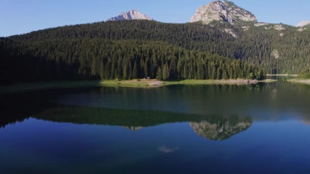 Jezioro Lodowcowe Pod Szczytem Górskim Otoczone Zielonym Lasem Iglastym Wystrzelonym Wideo Stockowe bez tantiem