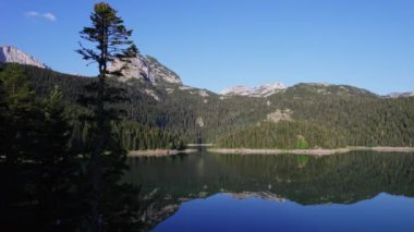 Havadan çekilen yeşil kozalaklı ormanlarla çevrili bir dağ zirvesinin altındaki buzul gölü gölün boyutunu ve gölün çevresini en az renk düzeltmesiyle gösteren ileri bir hareketle ortaya çıkar.