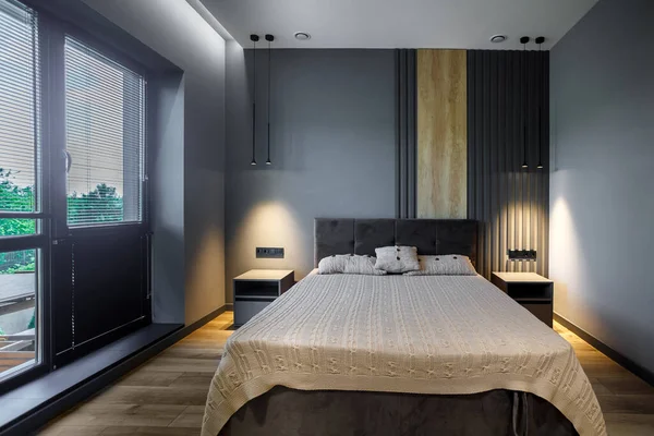 Modern Loft Bedroom Dark Grey Style Dark Headboard Wooden Floor — Stock Photo, Image