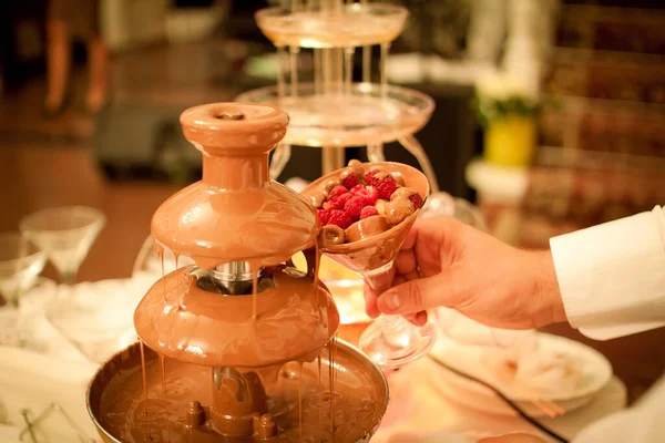 Dipping Raspberry Coctail Chocolate Fountain — Stock Photo, Image