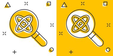 Çizgi roman tarzında bilim büyüteç simgesi. Virüs, beyaz izole edilmiş arka planda çizgi film vektör çizimi arıyor. Kimya DNA 'sı sıçrama etkisi iş konsepti.