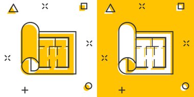Oda planı ikonu komik bir şekilde. Beyaz izole edilmiş arkaplan üzerindeki mavi çizgi film vektör çizimi. Ev projesi su sıçratma etkisi iş kavramı.