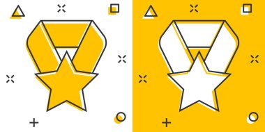 Çizgi roman tarzında madalya ikonu. Beyaz izole edilmiş arka planda ödül çizgi film imza vektör çizimi. Ödül ödülü sıçrama etkisi iş konsepti.