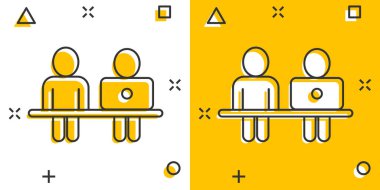 Çizgi roman tarzında dizüstü bilgisayar ikonu olan insanlar. Beyaz izole arkaplanda Pc kullanıcı karikatür vektör çizimi. Ofis yöneticisi etki iş kavramı.