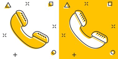 Cep telefonu simgesi çizgi roman tarzında. Beyaz izole edilmiş arka planda telefon konuşması çizgi film vektör çizimi. Acil yardım hattı etki iş konsepti.