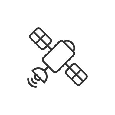 Düz bir uydu simgesi. Beyaz izole arkaplanda Sputnik vektör çizimi. Uzay taşımacılığı iş simgesi kavramı.