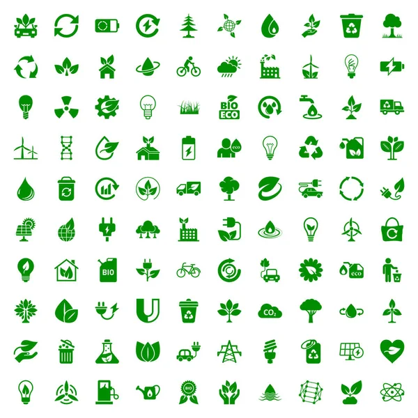 Çevre simgeleri düz bir şekilde ayarlandı. Beyaz izole edilmiş arka planda ekoloji vektörü çizimi. Biyo amblem imza işi konsepti.