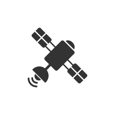 Düz bir uydu simgesi. Beyaz izole arkaplanda Sputnik vektör çizimi. Uzay taşımacılığı iş simgesi kavramı.