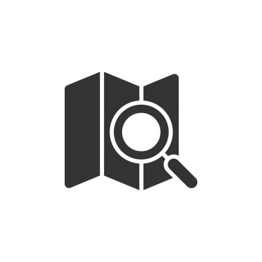 Büyüteç simgesine sahip düz bir harita. İzole edilmiş beyaz arkaplanda GPS navigasyon vektör çizimi. Konum iş kavramını belirle.