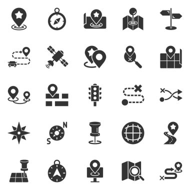 Yön bulma simgesi düz bir şekilde ayarlandı. İzole edilmiş beyaz arka planda GPS yön vektör çizimi. İğne konumu iş konseptini belirle.