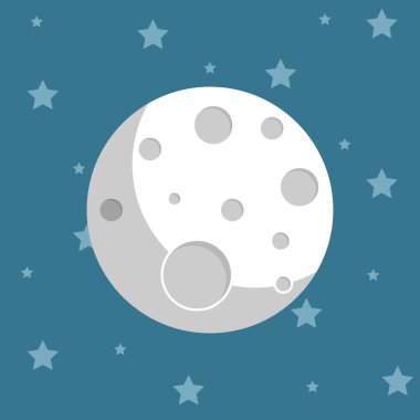 Uzayda düz bir gezegen. Ayın ve yıldızların izole edilmiş arka planda vektör çizimi. Astronomi işaret işi konsepti.