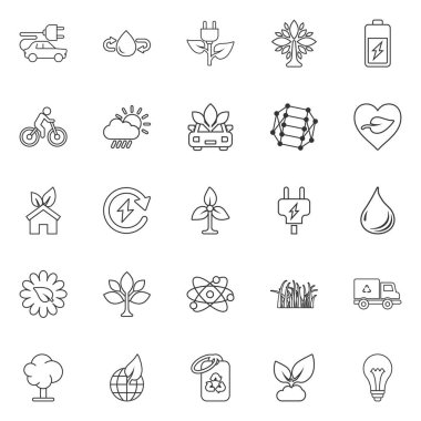 Çevre simgeleri düz bir şekilde ayarlandı. Beyaz izole edilmiş arka planda ekoloji vektörü çizimi. Biyo amblem imza işi konsepti.