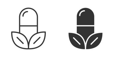 Vitamin hapı ikonu düz stil. Beyaz izole arkaplan üzerindeki kapsül vektör çizimi. Antibiyotik işaret işi konsepti.