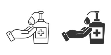 El dezenfektanı düz stil. İzole edilmiş arka planda antiseptik şişe vektör çizimi. Dezenfekte jeli tabelası iş konsepti.