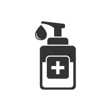 El dezenfektanı düz stil. İzole edilmiş arka planda antiseptik şişe vektör çizimi. Dezenfekte jeli tabelası iş konsepti.