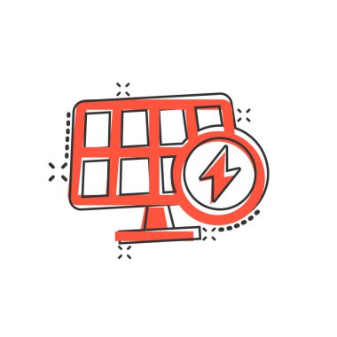 Güneş paneli simgesi. Beyaz izole edilmiş arka planda ekoloji enerjisi çizgi film vektör çizimi. Elektrikçi atlama efekti işaret iş konsepti.