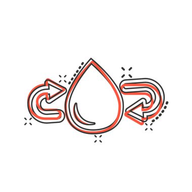 Çizgi roman tarzında su damlası ikonu. Beyaz izole arkaplanda damlacık karikatür vektör çizimi. Geri dönüşüm sıçrama efekti işaret iş konsepti.